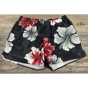 Speedo Swim Trunks Swim Suit Large Black With Hawaiian Floral Print Mesh Liner